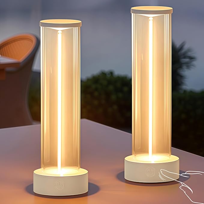 Indoor Outdoor Cordless Table Lamp,Rechargeable Battery Powered Lamp 3-Mode Touch Dimmable,IP54 Waterproof Portable Lamp for Bedside Reading,Patio Grill,Gazebo Party,Camping Tent (White,2 PCS)