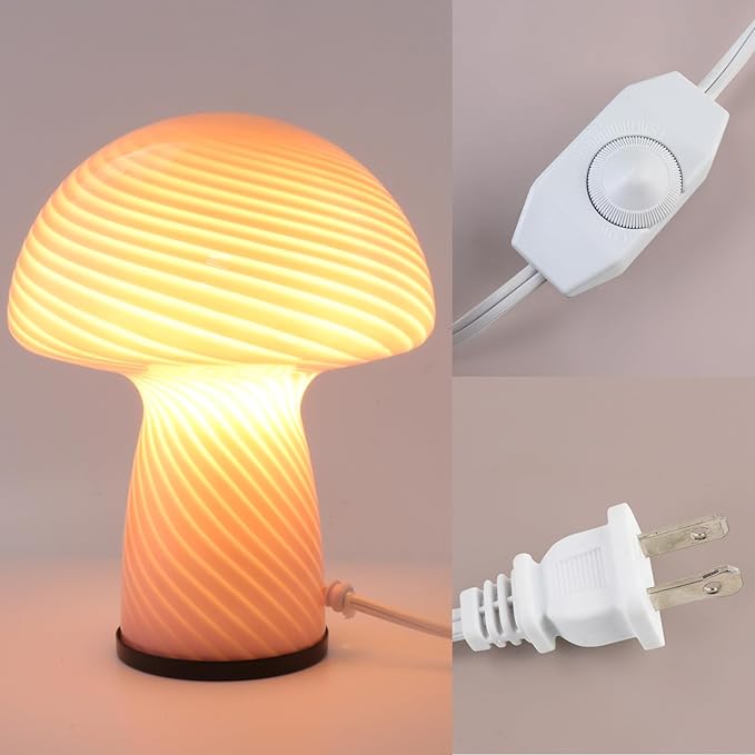 Mushroom lamp,Dimmable Glass Table Lamp,Vintage Style Table Lamp,Stripe Pink Bedside Desk lamp,Cute Table Lamps.（LED Bulbs Included）