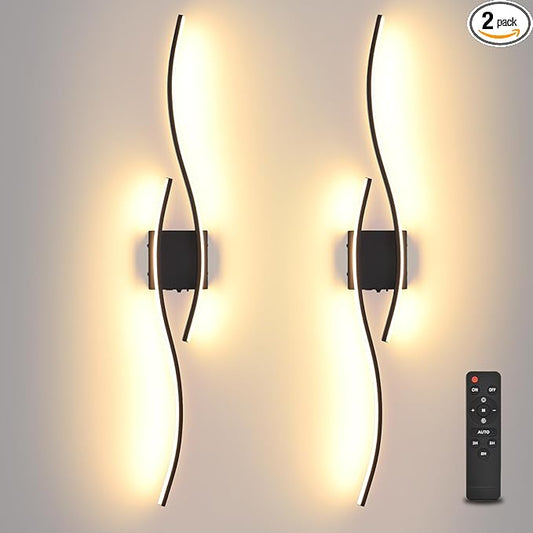 Battery Operated Wall Sconces Set Of Two, 3000K-6500K 39 inch black LED dimmable wireless wall sconce with remote control, USB rechargeable wall lights for Living Room Bedroom Hallway Background