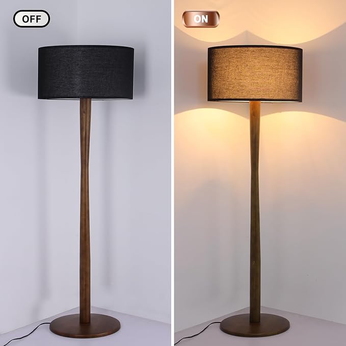 62" Tall Rustic Wood Floor Lamp for Living Room, Farmhouse Walnut Wood Floor Lamps with Linen Shade, UL Listed Standing Lamps with Wooden Base for Bedroom, Dining Room, House, Black Shade