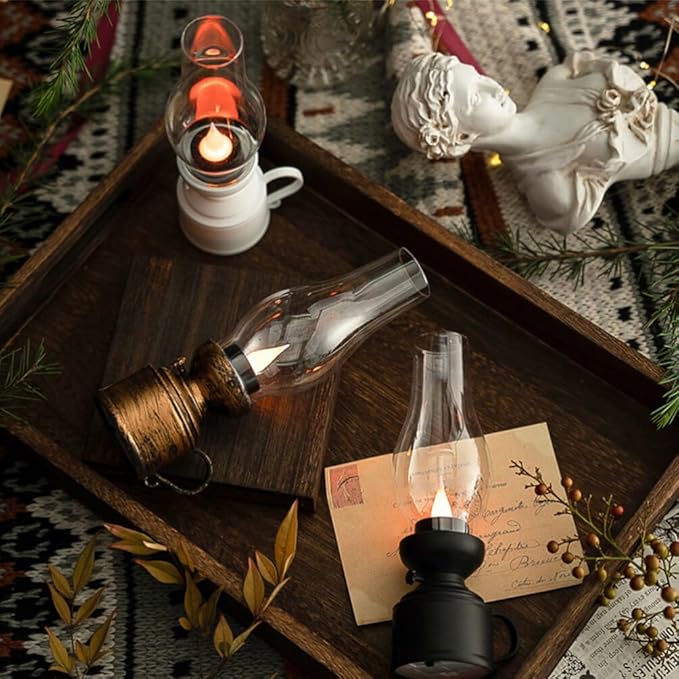 Zerodeko Kerosene Lamp Vintage Flameless Table Lamp Led Kerosene Lantern Clear Hurricane Lamp Battery Operated Nightstand for Bedroom Living Room White