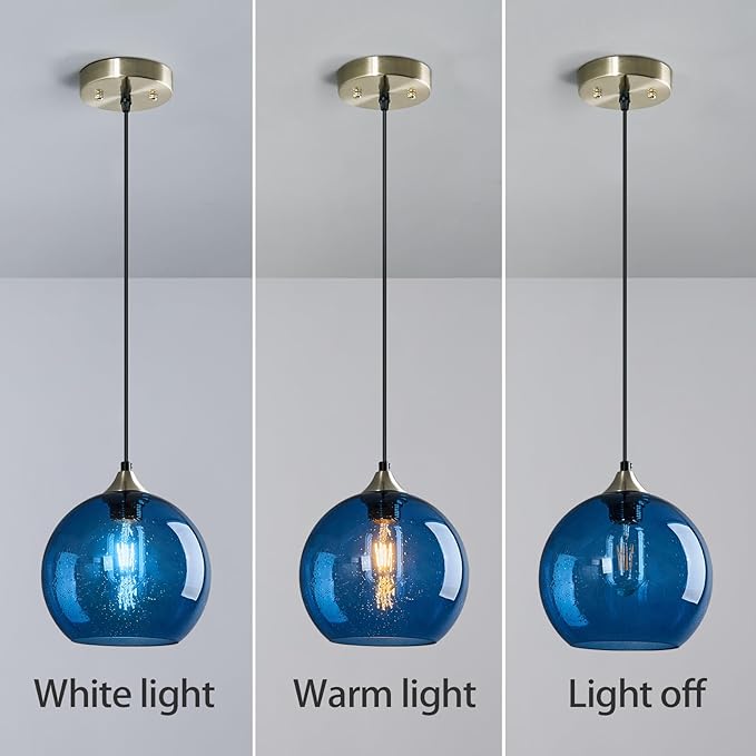 Blue Glass Pendant Lights Kitchen Island Lighting Globe Pendant Light Fixtures Modern Pendant Lighting for Kitchen Island Bedroom Living Dining Room Light Fixture(7.87in, 1-Pack)
