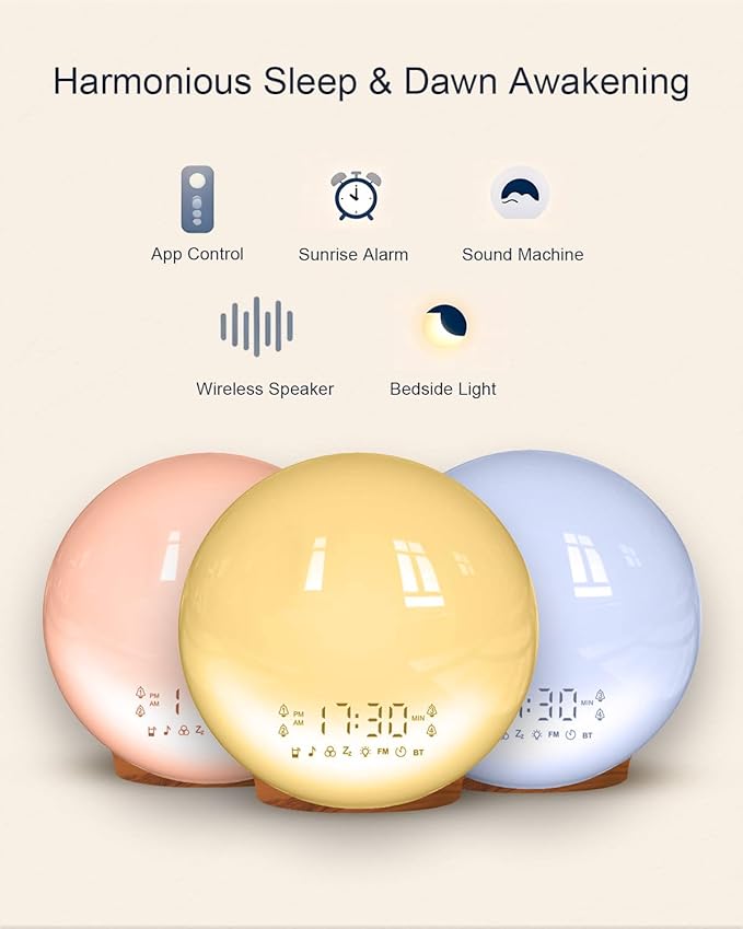 Smart Sunrise Alarm Clock with No Signup APP Control & Wake-Up Light, 4 Alarms, White Noise, FM Radio, Wireless Speaker, Wood Grain