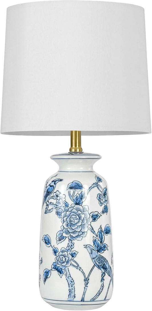 24.25" Blue Ceramic Table Lamp for Living Room, Classic Blue and White Lamp for End Table, Blue Birds and Flowers Lamps, Traditional China Nightstand Lamp for Bedroom