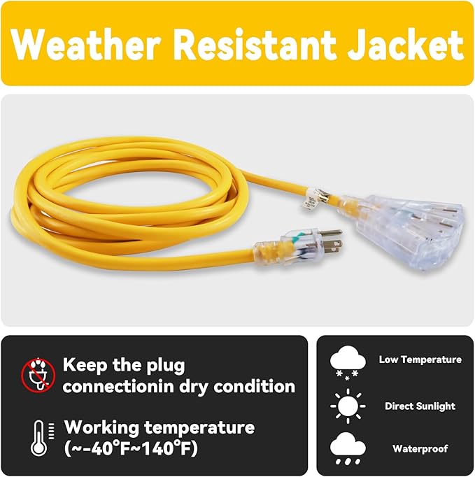 EP 12 Ft 12 Gauge Heavy Duty Extension Cord, 15A 125V 1875W, 3 Outlet Indoor/Outdoor Power Cord with Lighted End, 12/3 SJTW Weatherproof Yellow, UL Listed