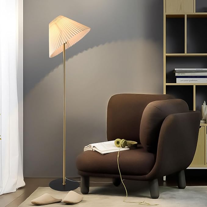 KUNJOULAM Modern Pleated Floor Lamp, Gold Pole Floor Lamps, Simple Design Tall Lamp with Adjustable Beige Lampshade, Standing Lamp for Living Room, Bedroom, Office, Home (Without Bulb)