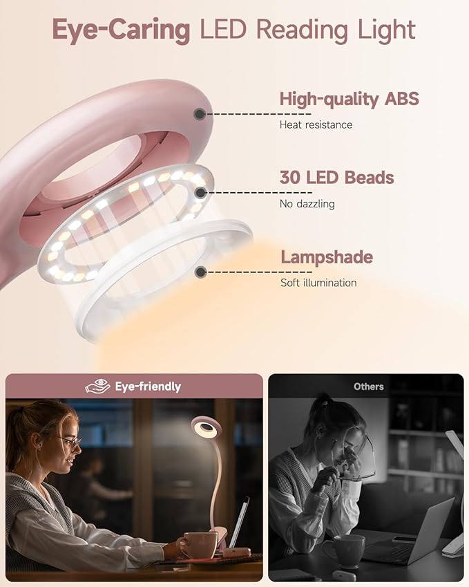 CUHIOY Clip on Reading Light for Bed, Rechargeable Battery Desk Lights, 5 Colour 5 Brightness & Touch Control Headboard Lamp, Large Clamp Lamp with Flexible Neck, Eye Protect LED Bedside Light, Pink