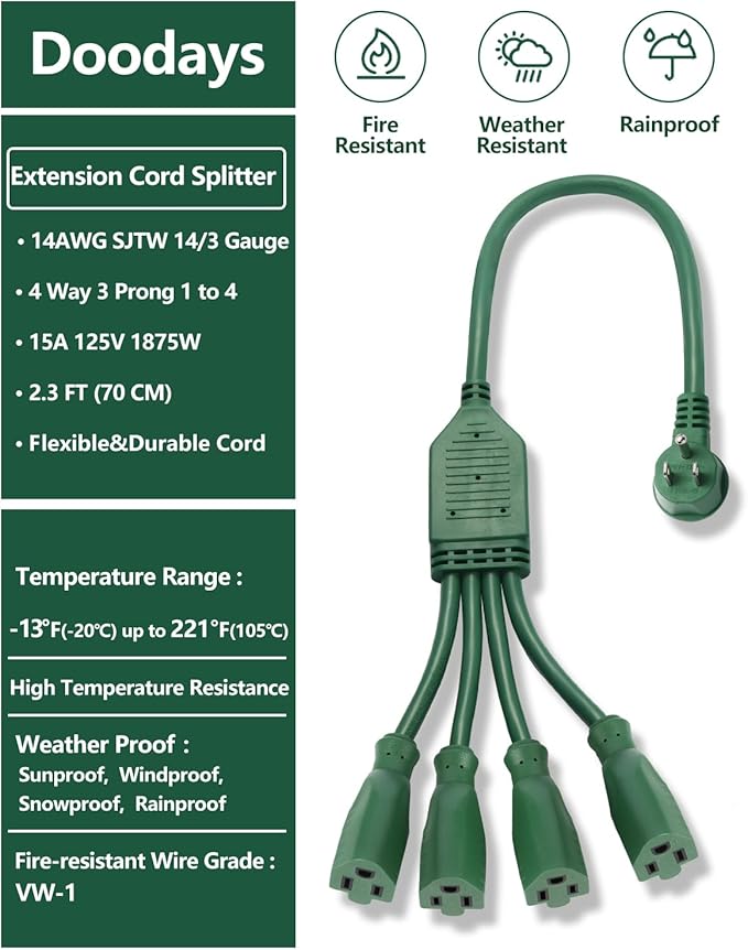 Flat Extension Cord Splitter 1 to 4, 90 Degree Plug Adapter 14AWG SJTW 15A 1875W, 4 Way Outlet Plug Splitter 3 Prong, Outdoor Plug Splitter 2.3ft Heavy Duty Cable for Indoor or Outdoor use, Green.