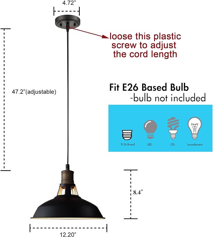 CLAXY Ecopower Industrial Barn Mini Metal Pendant Light 1 Light Hardwired for Kitchen Loft Restaurant Bar
