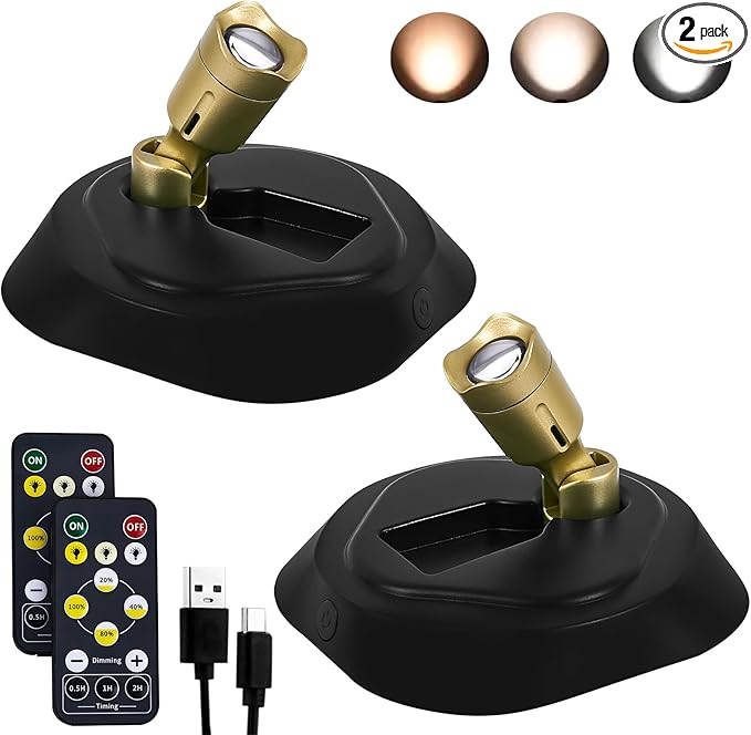 LED Spotlight with Remote, Battery Operated Picture Light Wall Lights Puck Light with Timer, Rechargeable Spot Lights with 3CTT, Dimmable Art Lights for Paintings,2 Pack
