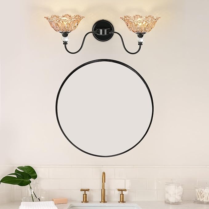 Black Bathroom Vanity Light, 2-Light Vanity Light with Floral Amber Glass Shades,Vintage Farmhouse Wall Mount Lighting for Bathroom, Dressing Table