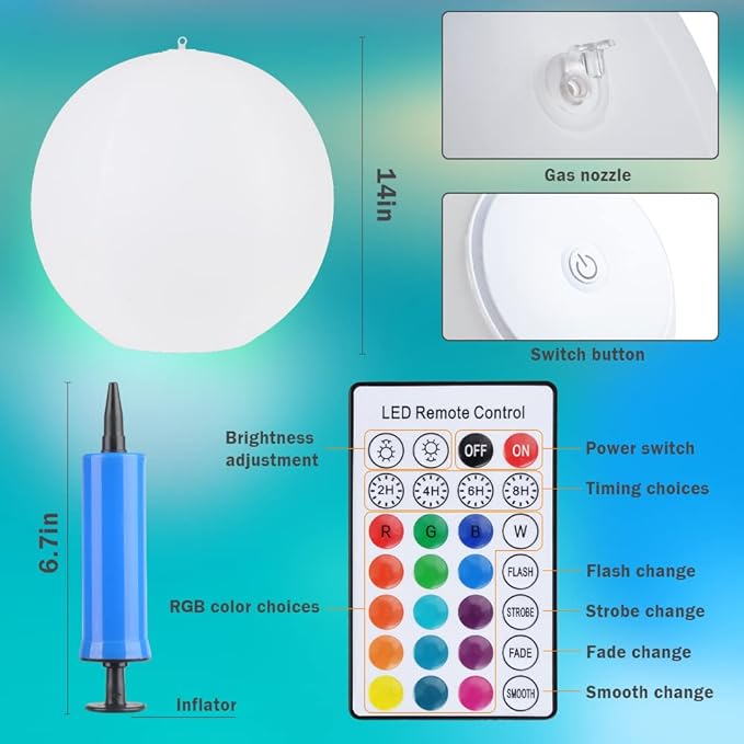 GEEDIAR Floating Pool Lights 2pcs,14" Inflatable Solar Powered Pool Light with Remote,IP68 Waterproof Swimming LED Mood Lights with 16 Color Changing Outdoor Decorations Light for Garden and Pond