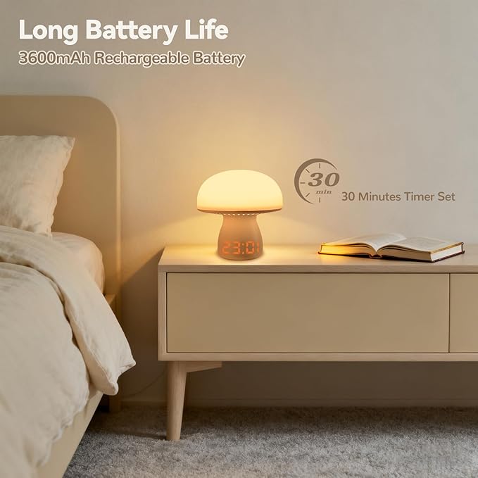 Mushroom Lamp with Clock, Cute Touch Bedside Table Lamps for Bedroom Living Room Decor, Small Portable Wireless Desk Lamp for Nightstand, Rechargeable Mushroom Night Light for Kids Adults (Model A)