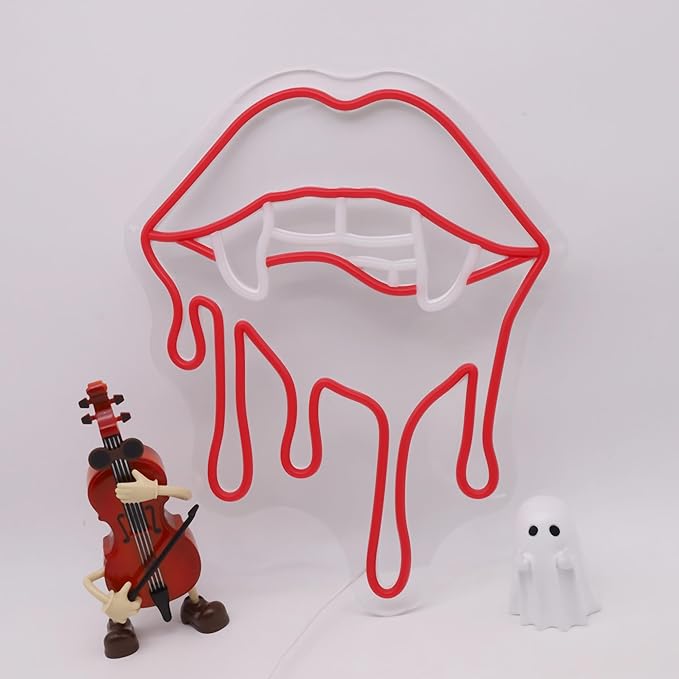 Vampire Fangs Neon Sign, Red Lips LED Light for Halloween Wall Decor, Horror Gothic Neon Sign for Bedroom, Bar, Vampire Theme Party Decorations