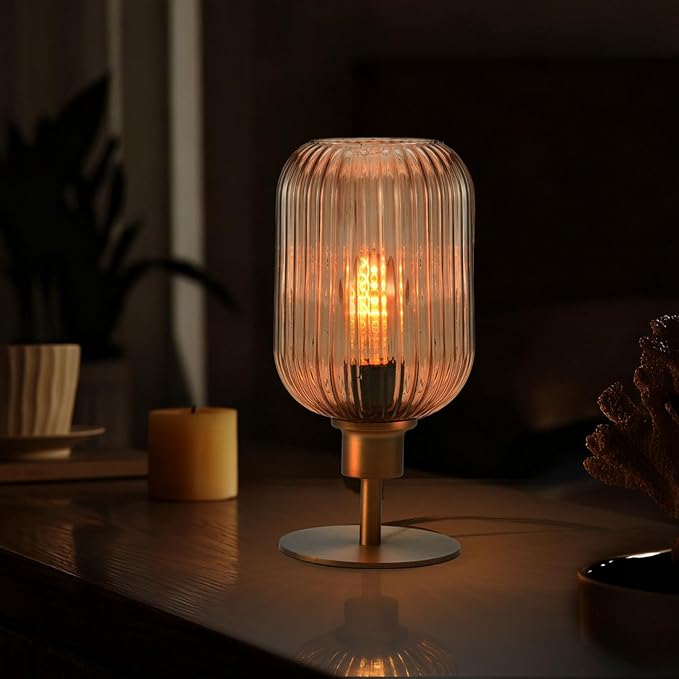 Mid Century Glass Table Lamp,Dimmable Desk Lamp,LED Bulb Included,Timer Build-in,Cognac Amber Ribbed Glass