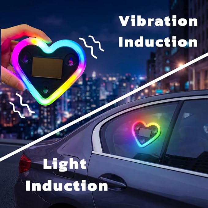 Car LED Ambient Lighting - 7 Colors 8 Modes RGB Solar Powered&USB Charging Heart-Shaped Neon Light for Window IP65 Waterproof Car Interior Light Decoration(2Pcs)