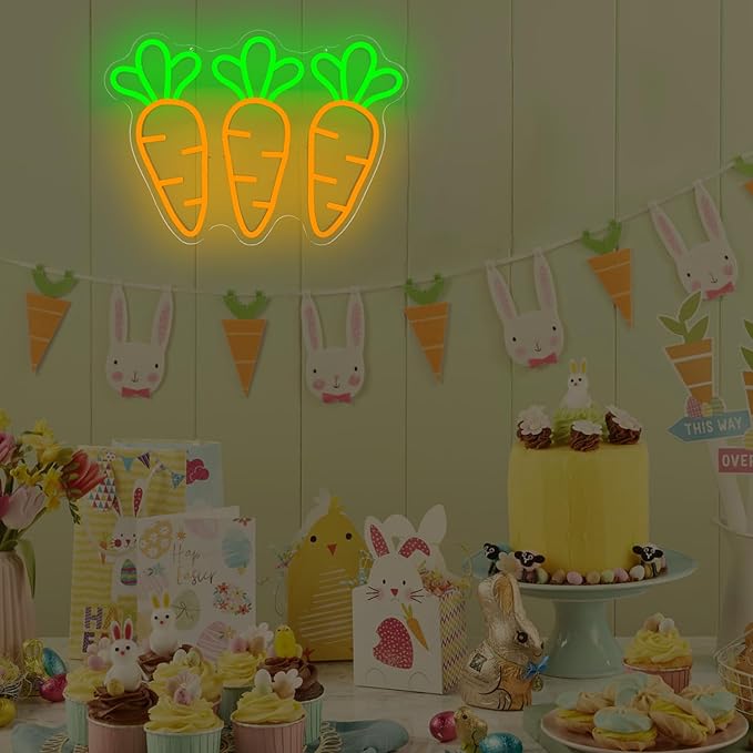 Carrot Neon Sign for Wall Decor Easter Led Sign Three Carrot Neon Light Easter Decorations Vegetable Shop Light Up Signs for Spring Bar Home Holiday Party Window Gifts Business Coffee Garden