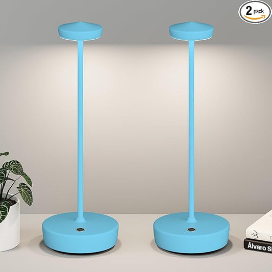 Cordless Table Lamp Rechargeable 2Pack - LED Battery Table Light with 3 Color Temperatures, Stepless Dimming, Waterproof Aluminum for Indoor Outdoor, Patio, Restaurant, Dinner (Blue)