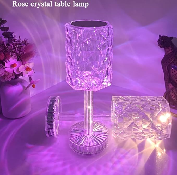 Rose Crystal Table Lamp, 16 Color Changing, Touch & Remote Control, USB Rechargeable, Modern Style