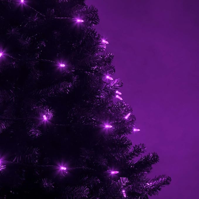 Wintergreen Lighting 50 Purple T5 LED Halloween and Christmas Lights, 25.5 ft Green Wire Indoor/Outdoor Commercial Grade Mini String, Holiday and Party Decorations