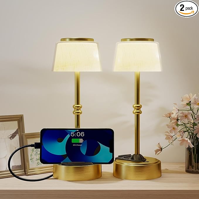 LED Cordless Lamp, 5 Colors Stepless Dimming Table Lamp, Built-in 4400mAh Rechargeable Battery with USB Charging Port, Portable Touch Bedside Light for Patio, Restaurant, Dining (2, Gold)