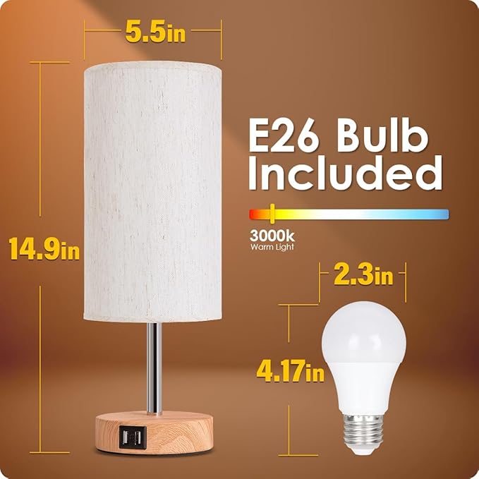 Yarra-Decor Bedside Table Lamp with USB Port - Touch Control for Bedroom 3 Way Dimmable Nightstand Lamp with Flaxen Fabric Shade for Living Room, Dorm, Home Office, Wood-Grain (LED Bulb Included)