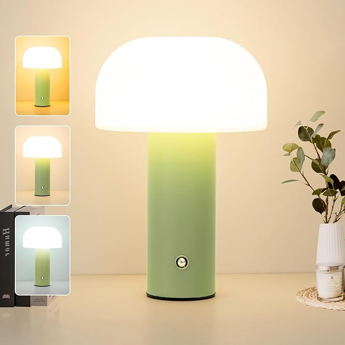 Cordless Mushroom Table Lamp Rechargeable,4000mAH Portable Battery Operated Lamp,3 Color Stepless Dimming Modern Lamps for Bedside Lamps,Touch Dimming Night Light for Home/Restaurant Green