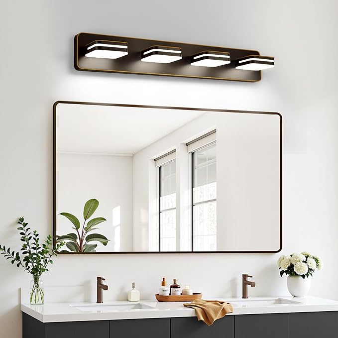 1600LM LED Modern Bathroom Vanity Light Fixtures, 360° Rotate Acrylic Brown and Gold Vanity Lights for Bathroom, Modern Wall Lighting Fixtures Over Mirror Kitchen Living (Natural White Light 5000K)