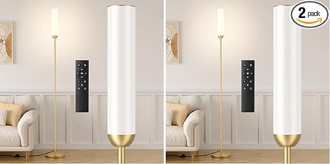 Ambimall LED Floor Lamp with Remote Control, 65" Standing lamp with Stepless Adjustable 3000K-6500K Colors & 30-100% Brightness, Foot Switch(Gold) (Pack of 2)