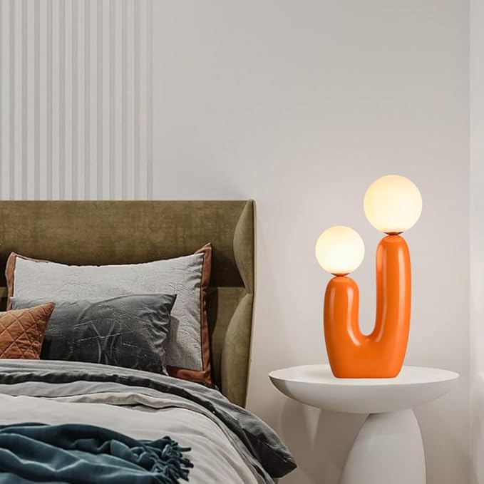 Modern Orange Cactus Shape 2 Lights Table Lamp Mushroom White Milk Globe Glass Table Light Cute Resin Light Fixtures for Bedroom Living Room Children’s Room Kid’s Room Corner