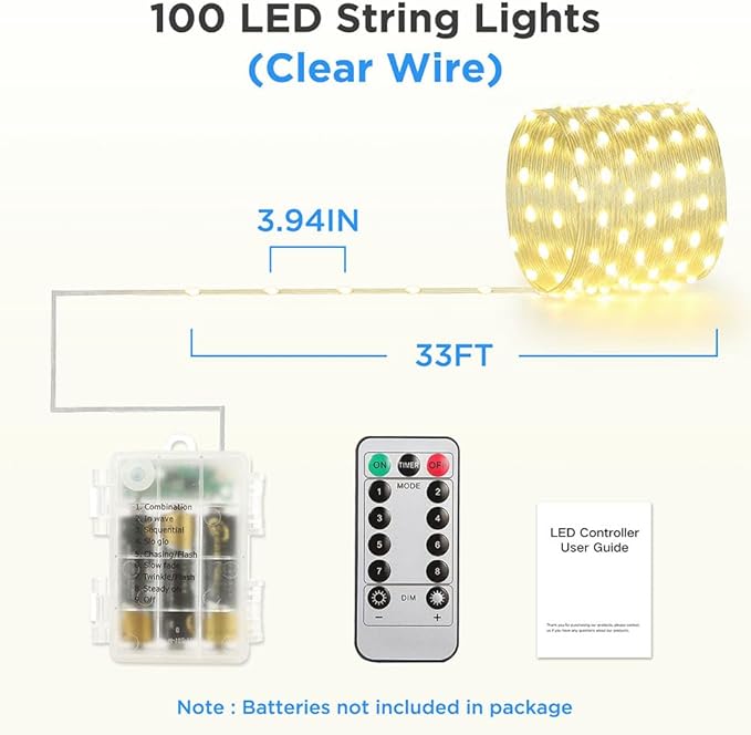 Battery Operated String Lights (2 Pack), 33ft 100 LED Fairy String Lights Battery Powered w/Remote & Timer for Indoor Outdoor Christmas Trees Wreath Decoration Bedroom Patio - Warm White