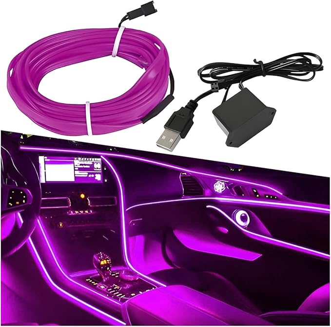EL Wire Car Interior LED Strip Lights, 5V 16FT Neon Light Strip with Sewing Edge, USB Electroluminescent Car Interior Lights with Fuse Protection, Vehicle Ambient Lighting Decorations (Purple)