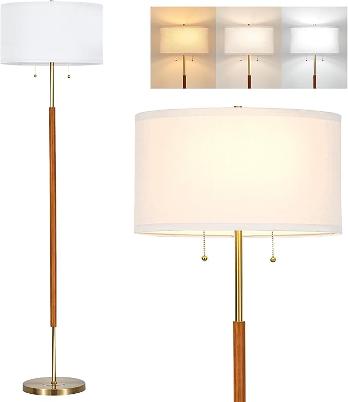 ELYONA 2-Light Wood Floor Lamp for Bedroom Mid Century Modern Standing Lamp White Fabric Shade Tall Pole Corner Light for Living Room Office 3 Color Temperatures 9W LED Bulbs Include, Brushed Brass
