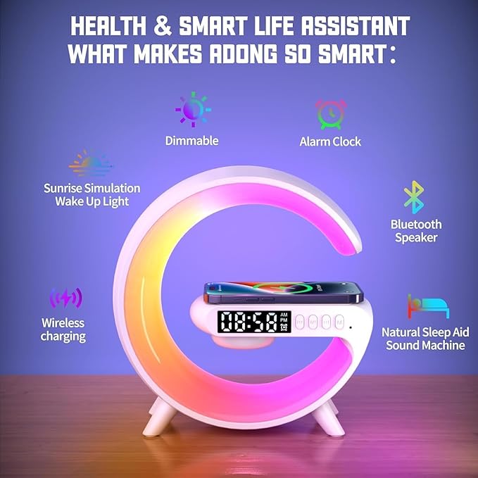 Mini Wireless Speaker Charger, Atmosphere Light with Wireless Charging Function Table Lamp, Bedside Lamp with Alarm Clock & Charging Function, Bedroom Bedside Lamp, Christmas Gifts (White)