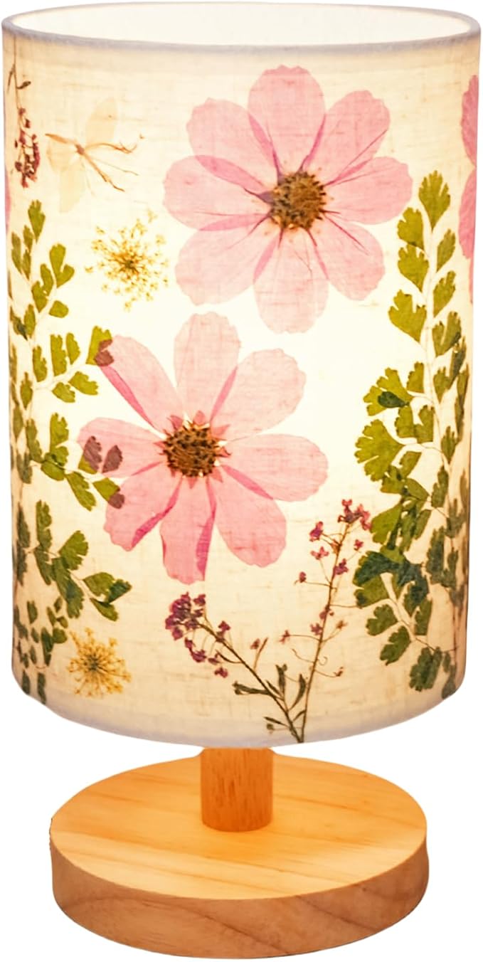 Dried Flowers Small Table Lamp 5W LED 3-Color Bedside Lamp Pressed Flowers Lampshade with Wood Base for Bedroom Living Room Desk Nursery