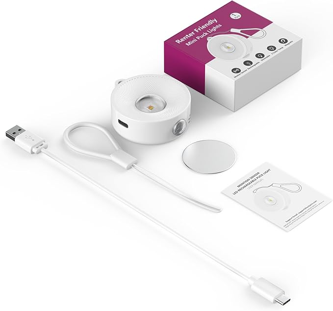 2" Rechargeable Mini Puck Lights w/Lanyard, Renter Friendly Magnetic Stick On Battery Operated Lights, Wireless Motion Sensor Light Indoor for Closet, Wall, Shelves, Kitchen, Locker - 1Pack/White