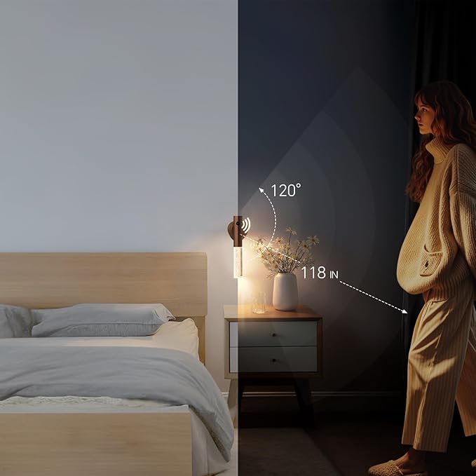 Motion Sensor Night Lights Indoor, Rechargeable Night Lights Wall Sconces Wooden Set of 2, Battery Powered Magnetic Wall Sconces Decor for Bedroom, Hallway, Bathroom, Stairway, Closet（Walnut Wood）