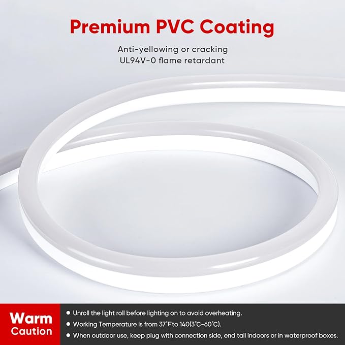 Shine Decor LED Neon Rope Lights AC 120V, ETL-Listed Flexible 120LEDs/M Dotless Strip Lighting, Custom Cuttable & IP65 Waterproof for Indoor Outdoor, 7x14.5mm, 3000K Warm White, 50FT