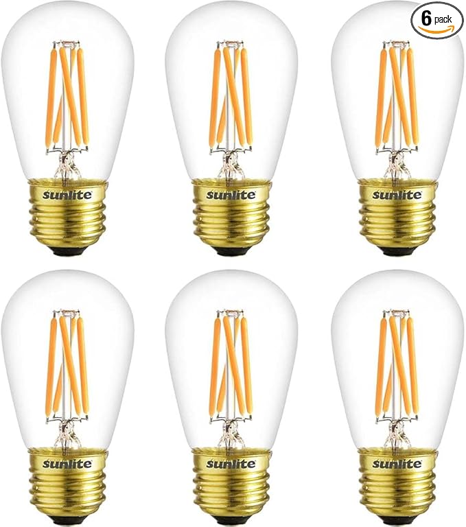 Sunlite 40322 LED S14 Glass Filament Style String Light Bulb, 4 Watts (25W Equivalent), 340 Lumens, Medium Base (E26), Dimmable, UL Listed, High 90 CRI, 2700K Warm White, 6 Count