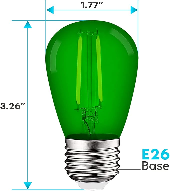 LUXRITE 12-Pack S14 Edison LED Green Light Bulb, 0.5W, Colored LED Bulbs for Outdoor String Lights, UL Listed, E26 Base, Indoor Outdoor, Decoration, Party, Holiday, String Light Replacement Bulbs
