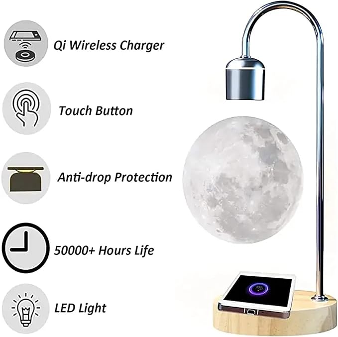 Magnetic Levitation Planetary Light with Wireless Phone Charger, Floating Moon Lamp, 360° Rotating Night Light for Girlfriend, Mom, Birthday, Anniversary(Silver,B)