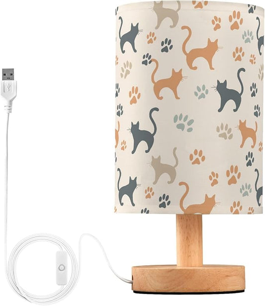 Colorful Cute Cat Silhouette and Paw Prints Bedside Table Lamps with USB Port for Bedroom Lamp Accent Table Lamp Small Nightstand Lamp Linen Shade Decorative Lamps for Kids|Reading|Dome|Home