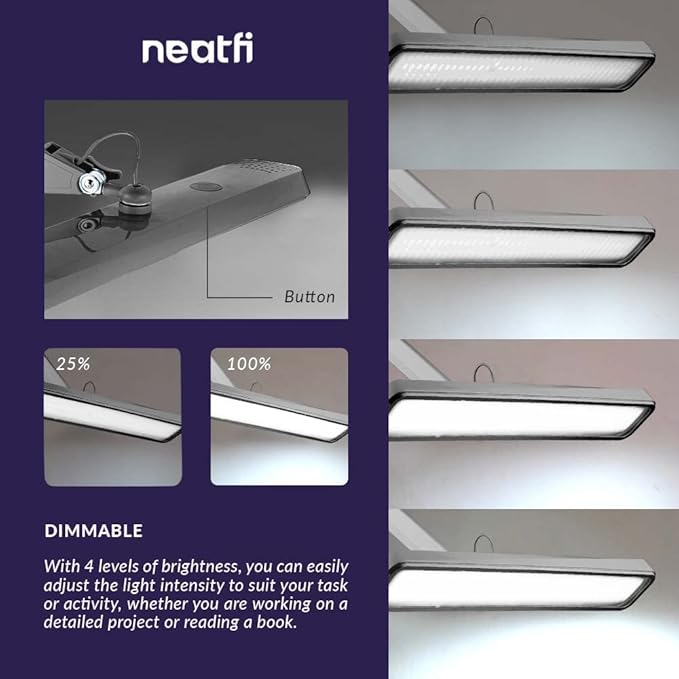 Neatfi Task Lamp – 2,500 Lumens, 30W, 22-Inch Wide Shade, 4 Brightness Levels, Eye-Caring Light, Clamp Mount, LED Task Light for Manicure Table, Crafts, Workbench, Office (Non-CCT, Silver)