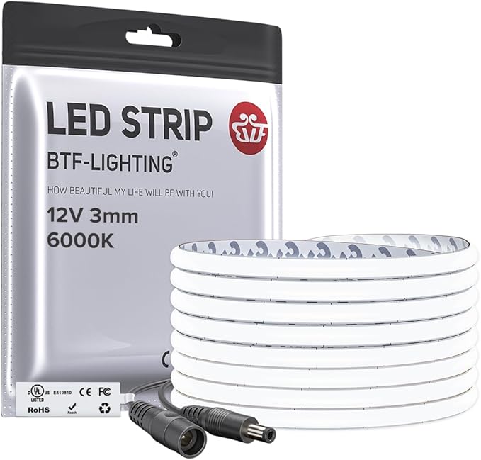 BTF-LIGHTING FCOB COB 3mm Width UL Listed Super Narrow Flexible Uniform LED Strip Light 16.4FT DC12V 6000K CRI 90+ Dimmable LED Ribbon for Kitchen Home Indoor Decoration(No Adapter or Controller)