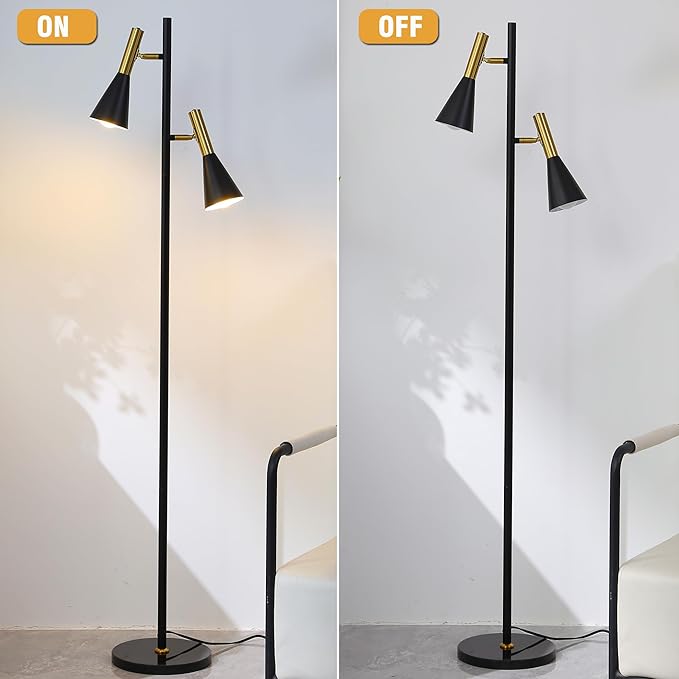 Modern Floor Lamp with 2 Adjustable Head Tall Pole Uplight for Living Room, Bedroom, Office,Gold and Black Corner Light for Reading (Black and Gold)