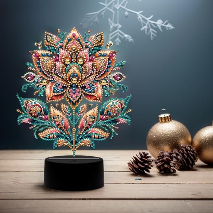 Luxurious Flower Diamond Art Painting Night Light,Diamond Art Painting Kits Desktop Touch Lamp Ornaments for Tabletop Decor Diamond Art Accessories for Adult Beginner Bedrooms Living Room