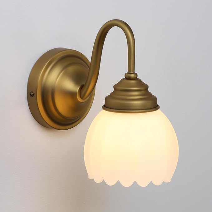 Pathson Milk White Wall Sconce Lamp with Tulip Thicken Glass, Modern Bathroom Sconce Hardwired Wall Vanity Light Indoor Decor for Mirror Living Room Foyer Loft Bedroom Farmhouse Lighting
