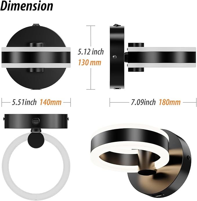 Wall Lamp LED Wall Sconce Rotatable Up-Down Sconces Wall Lighting with Built-in Switch and USB Charging Port 110 Volt AC Hardwired Wall Light (Black,2 Pack)