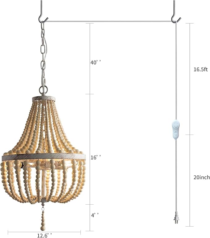 3-Light Mini Wood Beaded Bohemian Plug in Chandelier Dimmable and Timer Pendant Light Fixture with 16.4ft Swag Cord,Antique Metal Finish Natural Color Beads,Dining Room,Living Room,Foyer,Bedroom…