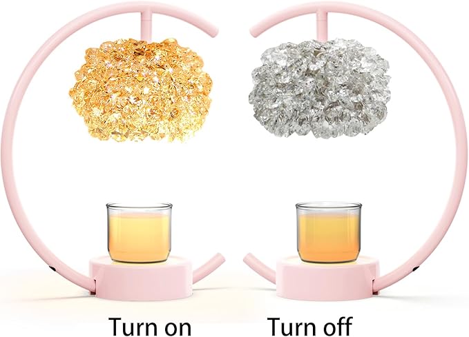 Pink Candle Warmer Lamp for Jar Candles with Adjustable Brightness＆Timer，Handcrafted Crystal＆Wooden Base,Candle Lamp Luxurious Design+2Bulbs,Home Decoration Electric Candle lamp(C-Shaped)